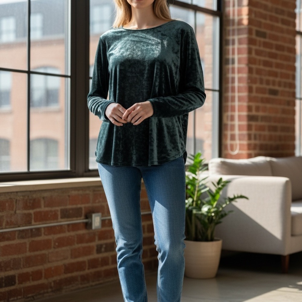 Karen Kane Forest Green Velvet Long-Sleeve Scoop Neck Top